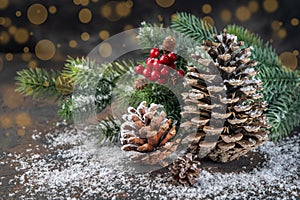 Christmas Decoration greeting card- Snowy Pine Cones On Fir Branch With Christmas Lights