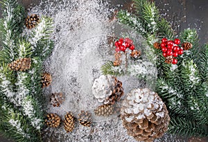 Christmas Decoration greeting card- Snowy Pine Cones On Fir Branch With Christmas Lights