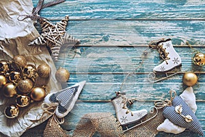 Christmas decoration on grunge wooden background