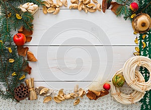 Christmas decoration handmade frame on white wood background copy space