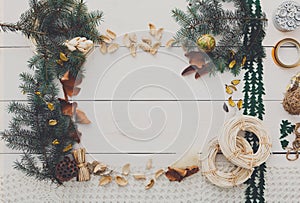 Christmas decoration handmade frame on white wood background copy space