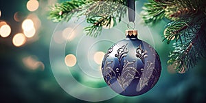 Christmas decoration hanging on fir tree branch with bokeh lights background