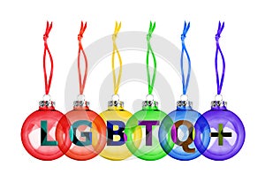 Christmas decoration hanging glass balls LGBTQ community rainbow flag color white background isolated closeup, LGBTQ+ letters