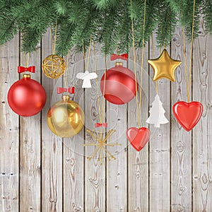 Christmas decoration hanging, on vintage wooden planks background