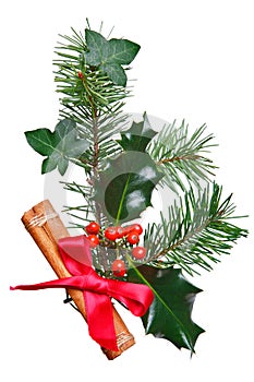 Christmas decoration with holly cinnamon and bow.