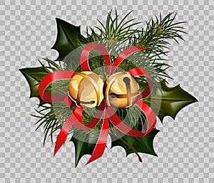 Christmas decoration holly fir wreath bow golden bells element vector transparent background