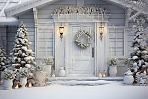 Christmas decoration of house door, home exterior on winter holiday, front view of wooden white entrance with wreath, snow and