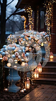 Christmas decoration of the house with garlands and balls. Decorated staircase and housing doors.