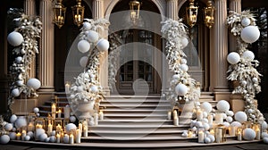 Christmas decoration of the house with garlands and balls. Decorated staircase and housing doors.