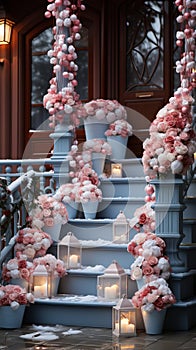 Christmas decoration of the house with garlands and balls. Decorated staircase and housing doors.