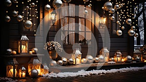 Christmas decoration of the house with garlands and balls. Decorated staircase and housing doors.