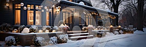 Christmas decoration of the house with garlands and balls. Decorated staircase and housing doors.