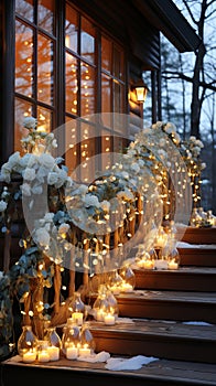 Christmas decoration of the house with garlands and balls. Decorated staircase and housing doors.