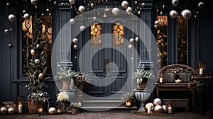 Christmas decoration of the house with garlands and balls. Decorated staircase and housing doors.