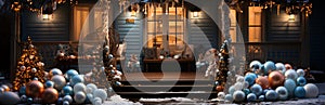 Christmas decoration of the house with garlands and balls. Decorated staircase and housing doors.