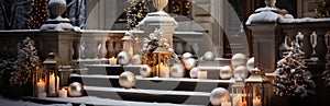 Christmas decoration of the house with garlands and balls. Decorated staircase and housing doors.