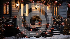 Christmas decoration of the house with garlands and balls. Decorated staircase and housing doors.