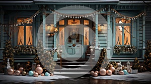 Christmas decoration of the house with garlands and balls. Decorated staircase and housing doors.