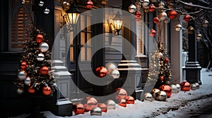 Christmas decoration of the house with garlands and balls. Decorated staircase and housing doors.