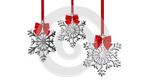 Christmas decoration isolated on white background, Snowflakes hanging wirh red ribbons