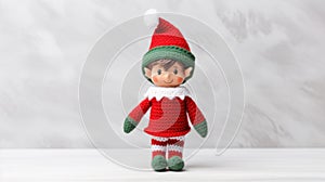 Christmas decoration with knitted Santa Claus doll on white wooden background. Generative AI