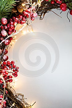 Christmas decoration on the left side of white background with lights