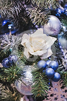 Christmas decoration with a lot small blue balls and decorative white rose