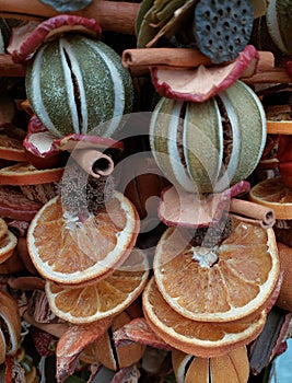 Christmas decoration made of fragrant dried strung fruits.