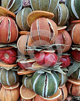 Christmas decoration made of fragrant dried strung fruits.