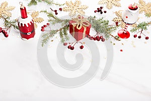 Christmas decoration marble background top view. Merry Christmas greeting card, frame. Winter xmas holiday theme.