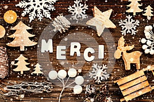 Christmas Decoration, Merci Means Thank You, Tree And Sled, Snowflakes