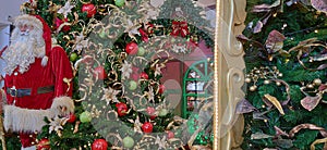 Christmas decoration and motifs and lights, gifts, pines, balls and backlights