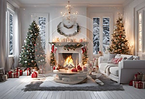 Christmas decoration and new year tree in a house with fireplace.