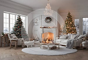 Christmas decoration and new year tree in a house with fireplace.