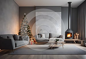 Christmas decoration and new year tree in modern styled living rooom interior with fireplace.