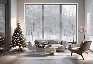 Christmas decoration and new year tree in scandinvian styled living room interior with fireplace.