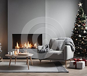 Christmas decoration and new year tree in scandinvian styled living rooom interior with fireplace.
