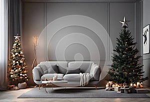 Christmas decoration and new year tree in scandinvian styled living rooom interior with fireplace.