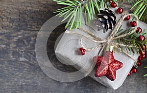 Christmas decoration on old wooden background.Winter holidays concept with copy space.
