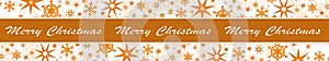 Christmas decoration in orange on long banner - different snowflakes and ice stars on white background - Merry Christmas lettering