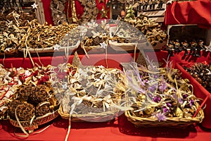 Christmas decoration ornaments in a Christmas market stall in Schönbrunn Palace, Vienna, Austria