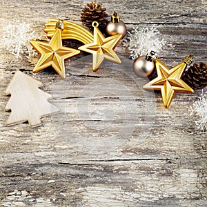 Christmas decoration over wooden background. Vintage style.