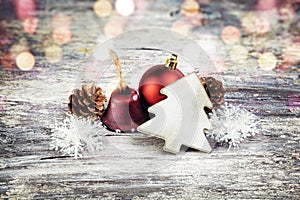 Christmas decoration over wooden background. Vintage style.