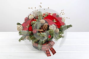 Christmas decoration with the poinsettia flower Euphorbia pulcherrima, fir, baubles and cones