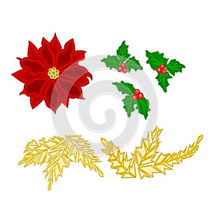 Christmas decoration poinsettia holly and gold leaves vector