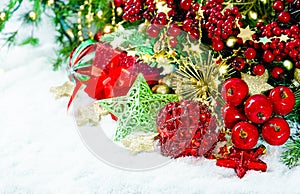Christmas decoration red gold green over white background
