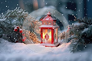 Christmas decoration red lantern with pine branches in snow. Winter background. Generative AI