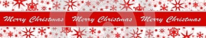 Christmas decoration in red on long banner - different snowflakes and ice stars on white background - Merry Christmas lettering