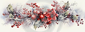 Christmas decoration. Red poinsettia and berries with green leaves close up. Festive banner