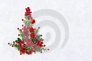 Christmas decoration. Red christmas tree made out of red berries and small red apples on snow with space for text